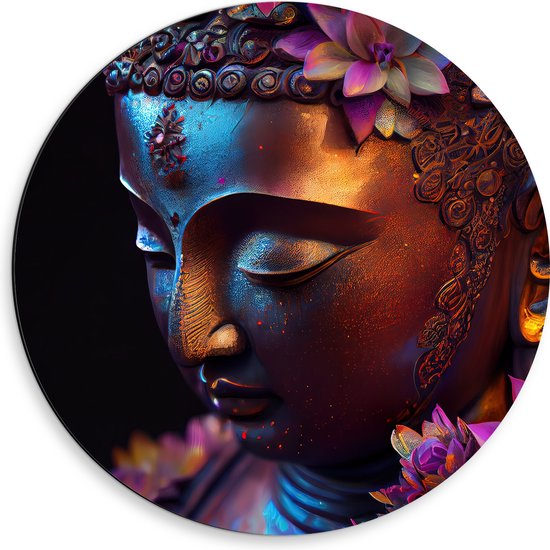 Dibond Muurcirkel - Religieuze Boeddha met Roze Lelie Bloemen - 50x50 cm Foto op Aluminium Muurcirkel (met ophangsysteem)