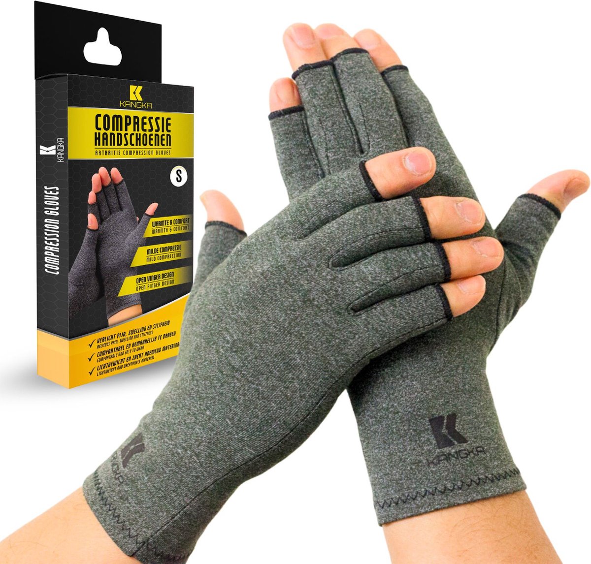 KANGKA® Reuma Compressie Handschoenen Maat S voor Artrose, Reuma, Artritis, RSI, CTS - Open Vingertoppen - Grijs - Unisex