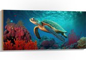 Hout - Schilderij van Zeeschildpad Zwemmend tussen het Koraal op de Zeebodem - 100x50 cm - 9 mm dik - Foto op Hout (Met Ophangsysteem)