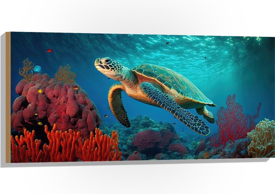 Hout - Schilderij van Zeeschildpad Zwemmend tussen het Koraal op de Zeebodem - 100x50 cm - 9 mm dik - Foto op Hout (Met Ophangsysteem)