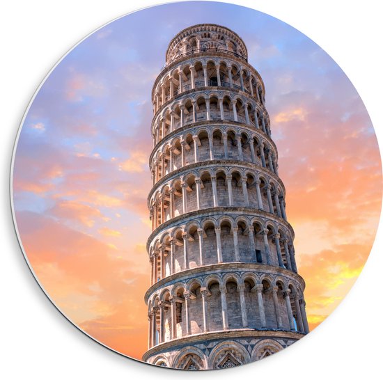 PVC Schuimplaat Muurcirkel - Pisa Toren in Pisa bij Zonsondergang - 40x40 cm Foto op Muurcirkel (met ophangsysteem)