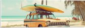 Acrylglas - Geel met Blauwe Surfplank op Gele Auto bij het Strand - 60x20 cm Foto op Acrylglas (Wanddecoratie op Acrylaat)