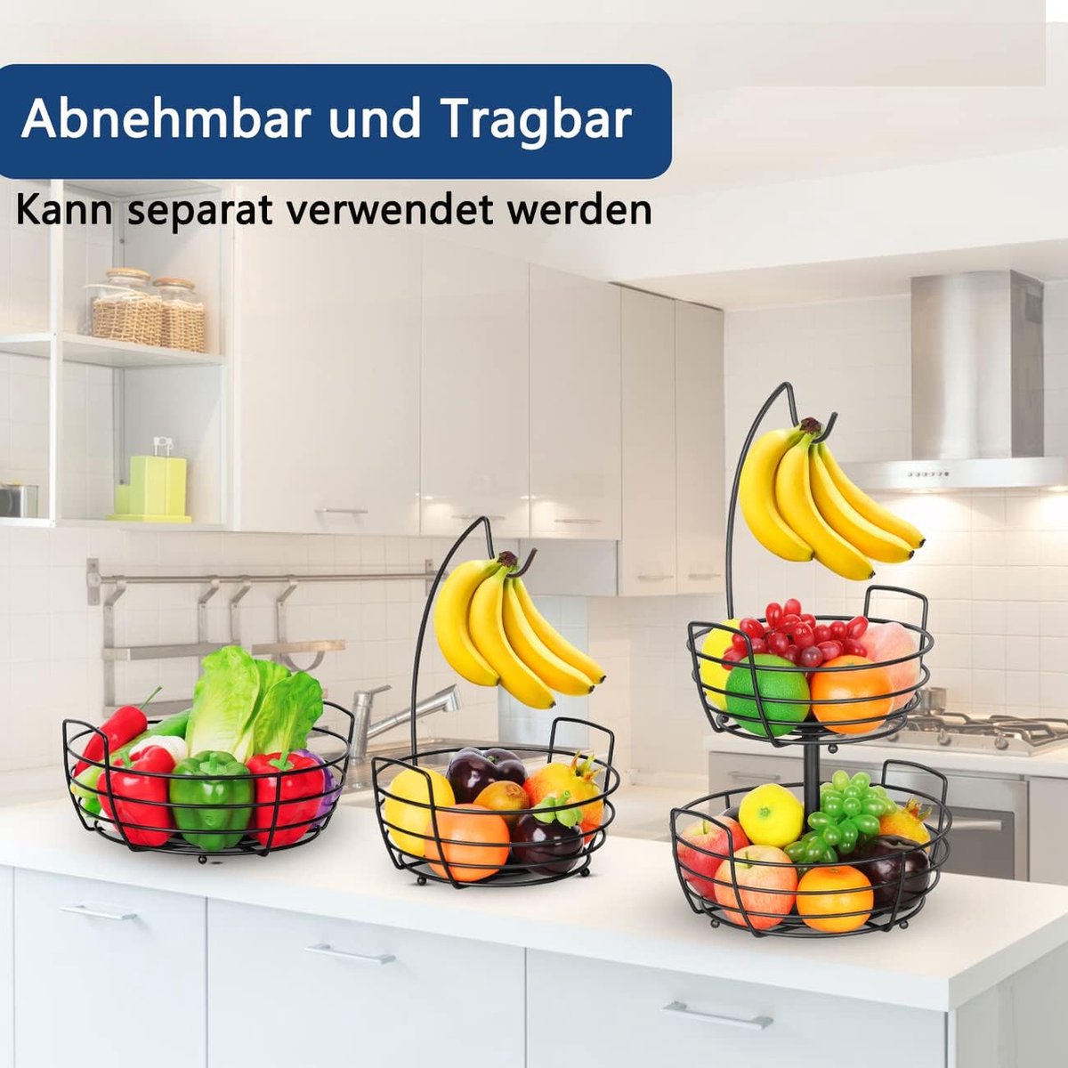 Fruitmand met 2 verdiepingen met bananenhaak, metalen fruitstandaard voor het werkblad, keukendecoratie, fruitschalen voor groenten en fruit, zwart.