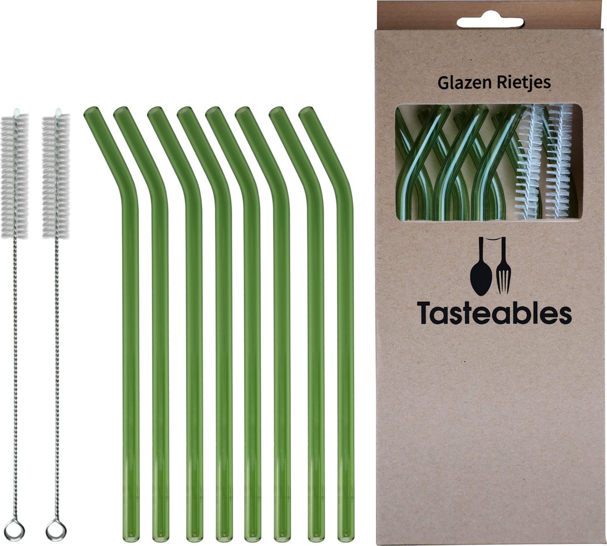 Glazen Rietjes Gebogen - Cocktail Rietjes - Tasteables - Set van 8 - Duurzaam - Herbruikbaar - Reinigingsborstel - 200mm lengte - Groen