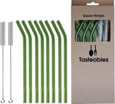 Glazen Rietjes Gebogen - Cocktail Rietjes - Tasteables - Set van 8 - Duurzaam - Herbruikbaar - Reinigingsborstel - 200mm lengte - Groen