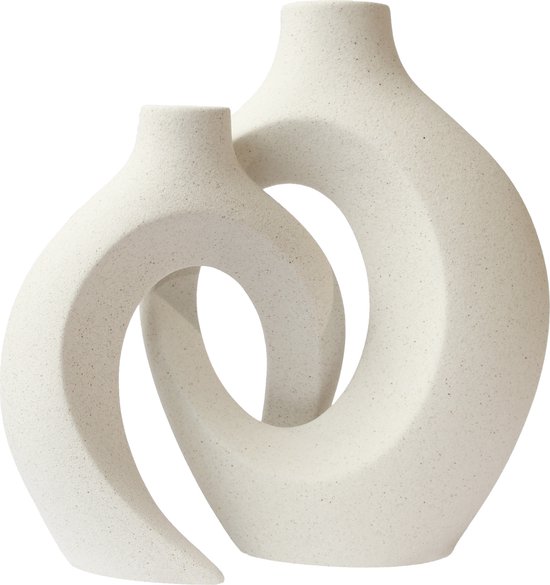 Dizayner - Keramische Vaas | 22×8,5×22 cm | Beige - Decoratie - 2-delig
