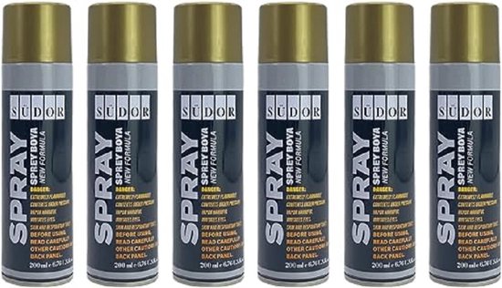 Südor Spuitverf Set 6x200 ml Sneldrogende graffitiverf , Spuitlak , Spuitbus , gouden sprey voor hout, steen, muur, metaal, glas, gips, keramiek