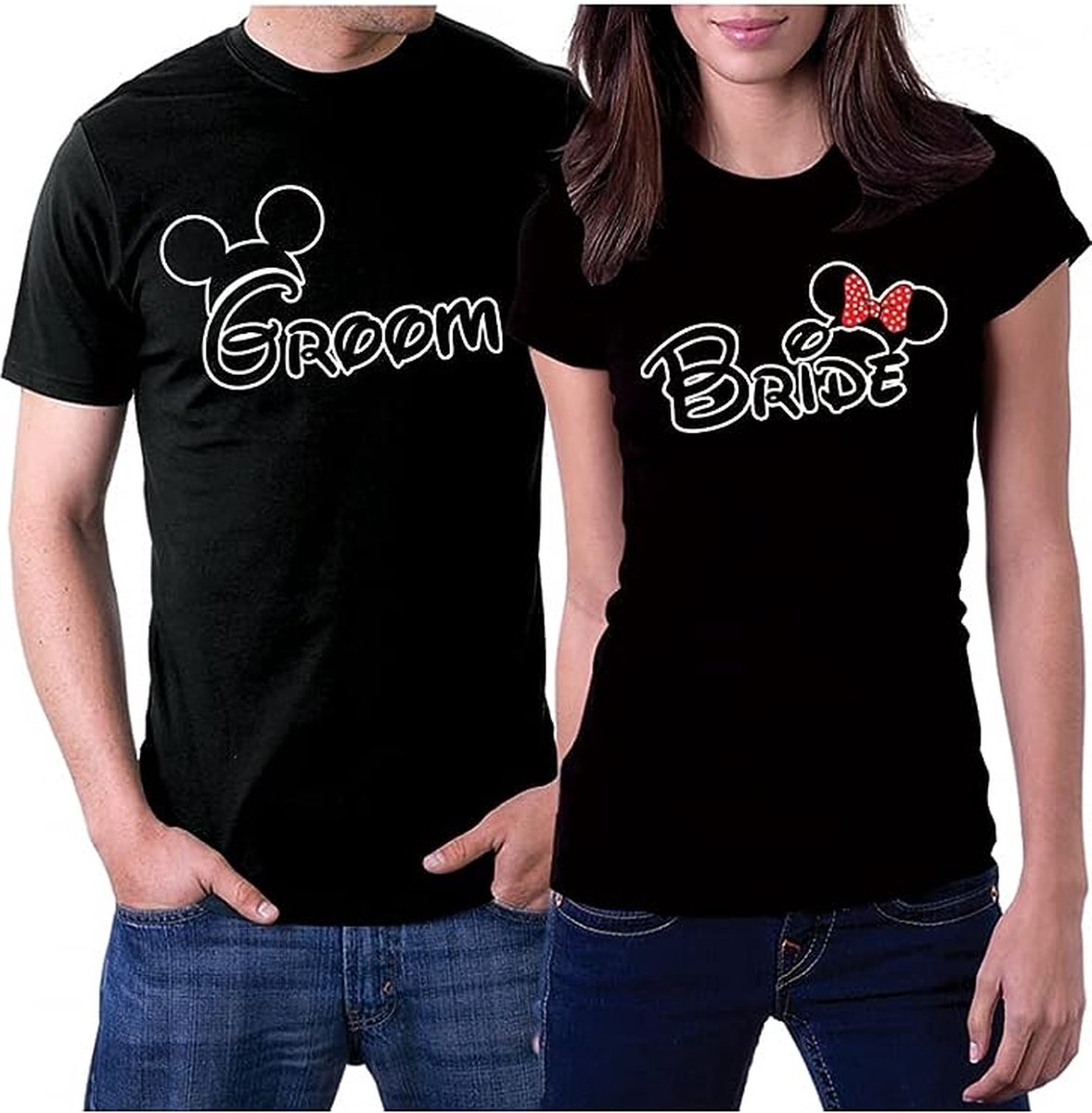 PicOnTshirt - Teetalks Series - T-Shirt Dames - T-Shirt Heren - Valentijn- Valentijns cadeaus - T-Shirt Met Print - Bride & Groom Bijpassende T-Shirts- 2 Pack - Zwart - Heren XL/Dames M