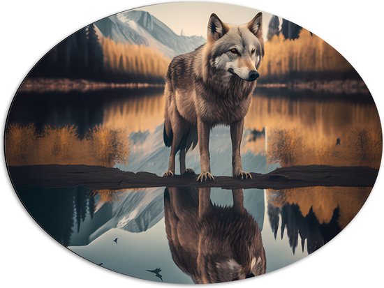 Dibond Ovaal - Wolf in Landschap met Weerspiegeling in het Water - 80x60 cm Foto op Ovaal (Met Ophangsysteem)