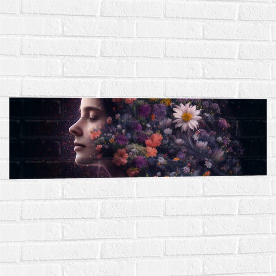 Muursticker - Zijaanzicht van Vrouw met Kapsel van Bloemen tegen Zwarte Achtergrond - 90x30 cm Foto op Muursticker