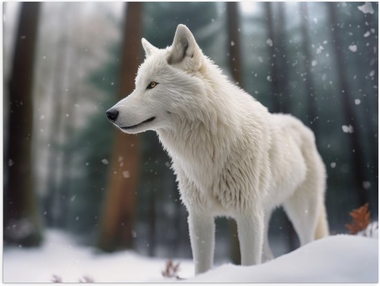 Poster Glanzend – Witte Wolf in Besneeuwd Landschap met Kale Bomen - 40x30 cm Foto op Posterpapier met Glanzende Afwerking