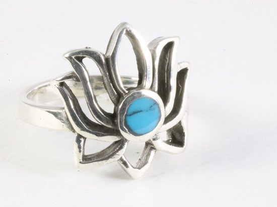 Opengewerkte zilveren lotus bloem ring met blauwe turkoois