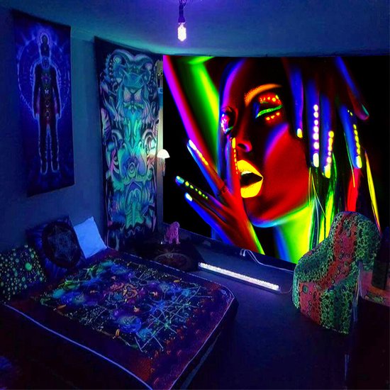Ulticool - Glow d'Homme Femme - Tapisserie Décoration Magic - Psychédélique - Toile de Fond pour Tapisserie de Lumière noire - 200x150 cm - Toile de Fond Réactive Lampe UV - Groot Tapisserie - Affiche - Siècle des Lumières Fluor Néon