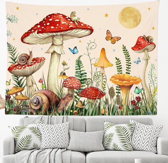 Ulticool - Chambre Enfant Champignon Papillon Escargot - Tapisserie Murale - 200x150 cm - Groot Tapisserie - Poster - Beige Rouge Jaune Vert