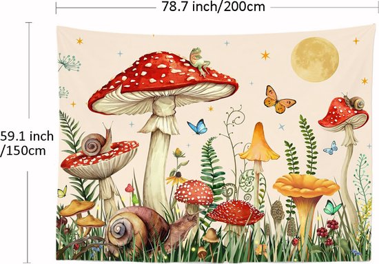 Ulticool - Chambre Enfant Champignon Papillon Escargot - Tapisserie Murale - 200x150 cm - Groot Tapisserie - Poster - Beige Rouge Jaune Vert