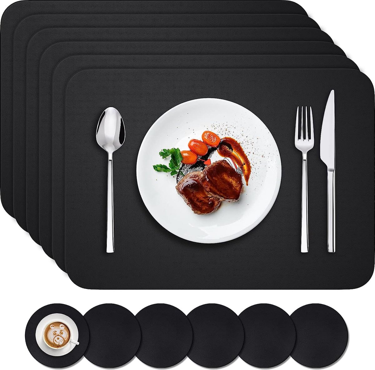 placemats, 6-delig, afwasbaar en 6-delig, onderzetters, pvc, placemat (41 x 31 cm), antislip, wasbaar, hittebestendig, zwart