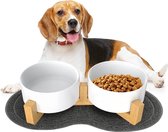 850 ml keramische hondenbak Hondenkom Verhoogde voerbak met bamboe standaard en antislipmat voor middelgrote en grote honden Voer- en waterbak (wit)