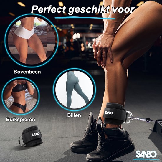 Sanbo Ankle Straps - Incl. 2 Karabijnhaken - Ankle Cuff Strap - Sport Kickback - Enkelband Fitness - Zwart - Sanbo