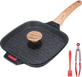 Grillpan inductie met deksel, 21 cm steakpan aluminium grillpan met antiaanbaklaag, alle soorten fornuizen, zwart