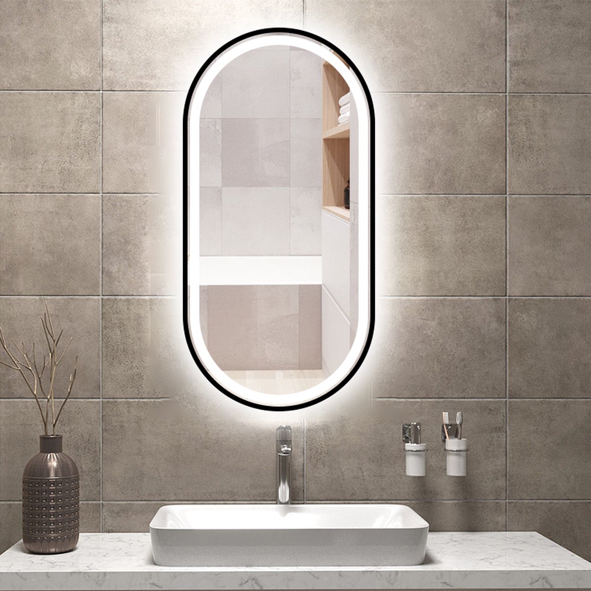 FENOMÉ Tokio Badkamerspiegel 75cm x 100cm Zwart spiegel met LED verlichting incl. spiegelverwarming – Dimbaar - ovaal