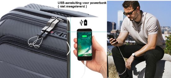Zwarte koffer met USB-aansluiting voor powerbank en een telefoon die aan het opladen is.