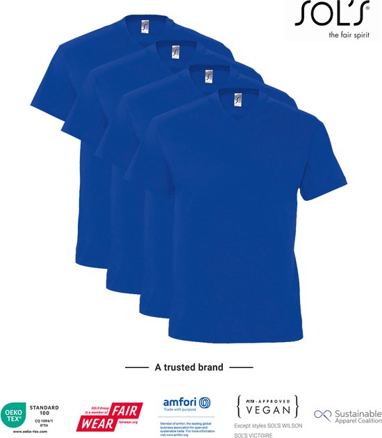 4 Pack SOLS V-hals, Heren T-Shirt 100% katoen V-hals, Konings Blauw, Maat XL