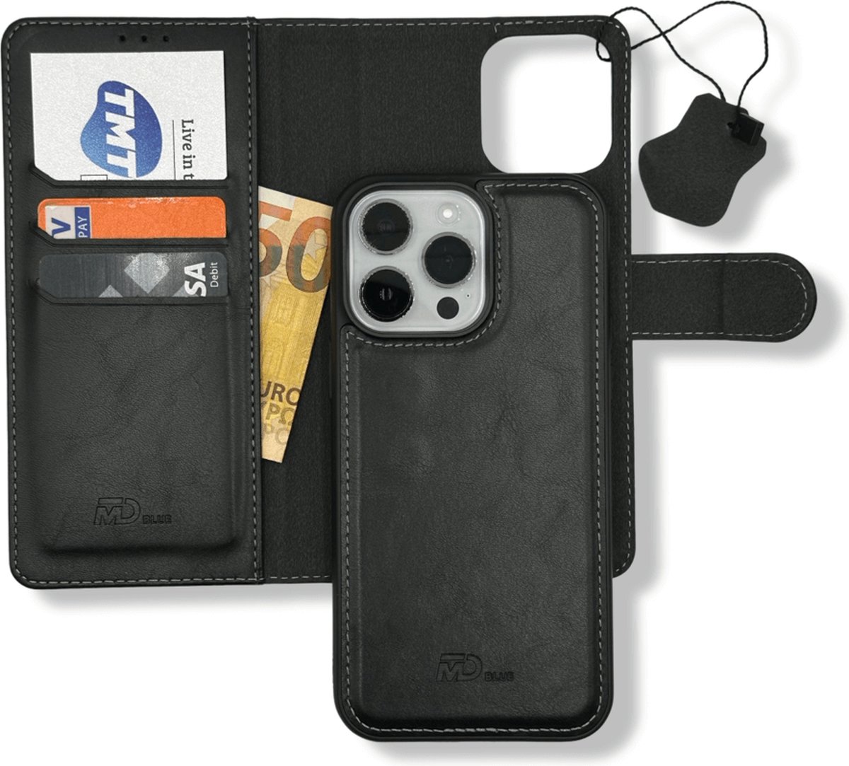 MDblue ® - portemonnee hoesje Apple Iphone 13 Pro Max Hoesje 2in1 Magnetic Zwart-silicon achterkant met luxe leren hoesje-book case iphone 13 pro Max magnetic