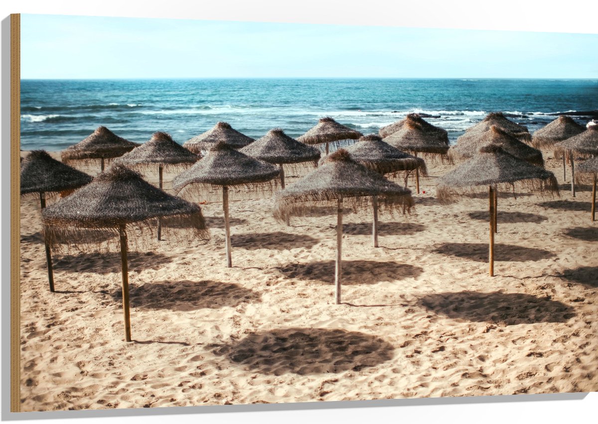 Hout - Zee - Strand - Zand - Parasols - 120x80 cm - 9 mm dik - Foto op Hout (Met Ophangsysteem)