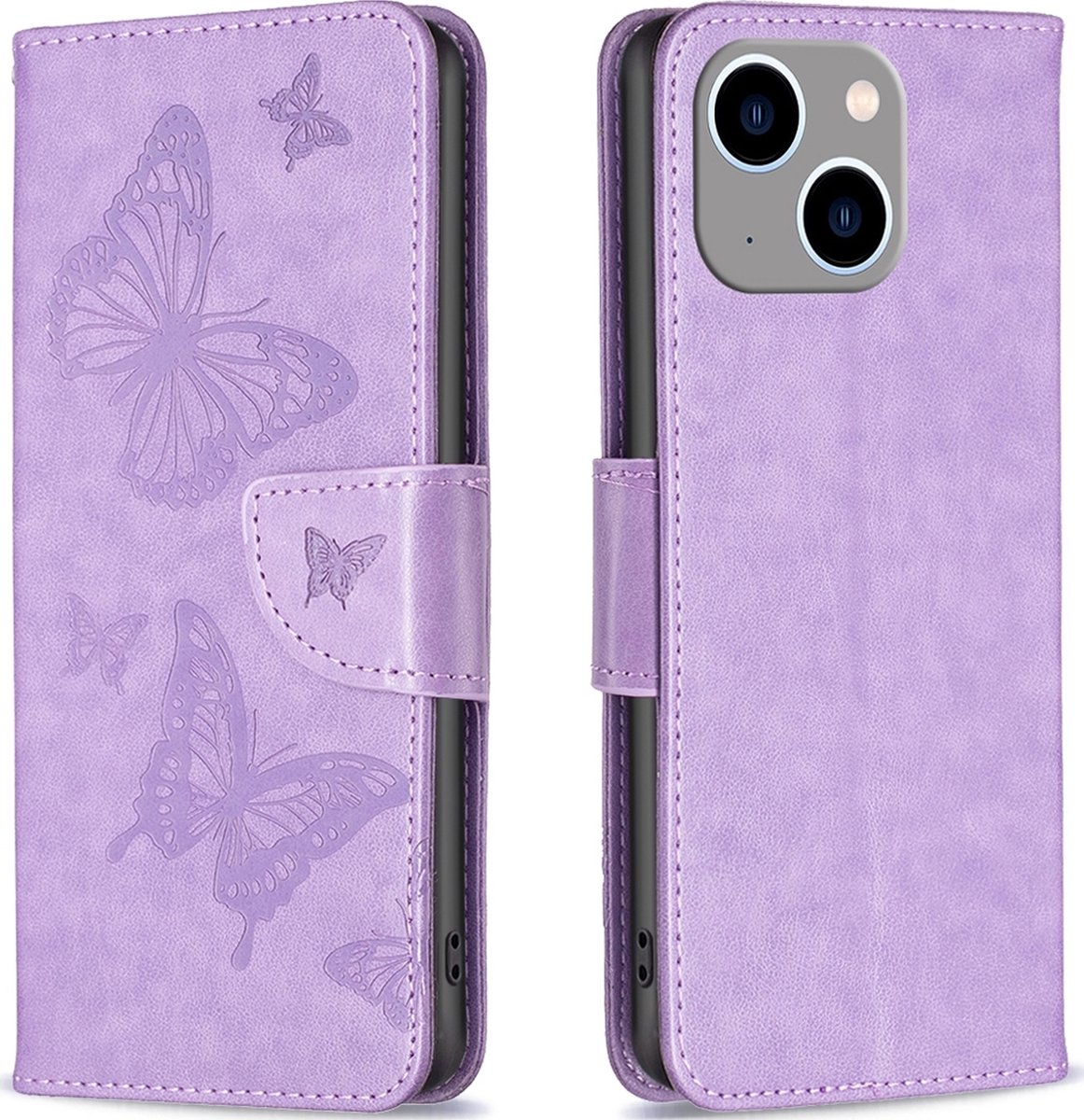 Mobigear Telefoonhoesje geschikt voor Apple iPhone 15 Plus Hoesje | Mobigear Butterfly Bookcase Portemonnee | Pasjeshouder voor 3 Pasjes | Telefoonhoesje voor Pinpas / OV Kaart / Rijbewijs - Paars