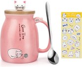 Mooie ceramic mok met kat, 450 ml, shady theekopje with deksel, lepel en sticker, koffiemok, thee, melkbeker, kat, hittebestendige beker, kat, verjaardag, cadeaus voor vrouwen, kattenliefhebbers, collega's