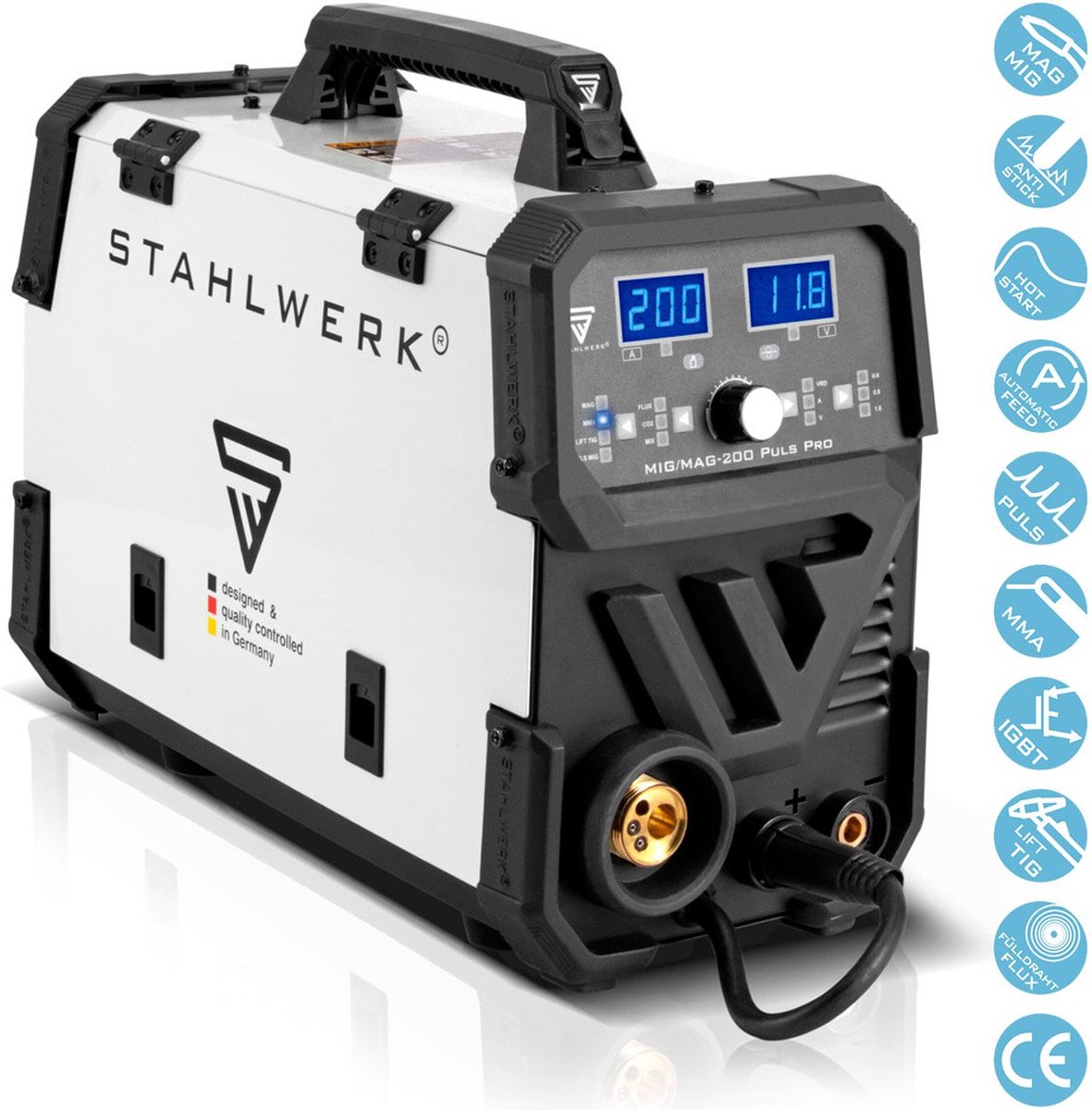 STAHLWERK MIG MAG 200 Puls Pro IGBT inert gas lasapparaat compleet uitgerust Volledig synergisch 5 in 1 combinatie apparaat met echt 200 ampère inclusief AK25/MB25 aluminium lastoorts, draadaanvoerrollen en slijtdelen set voor aluminium lassen – foto 7