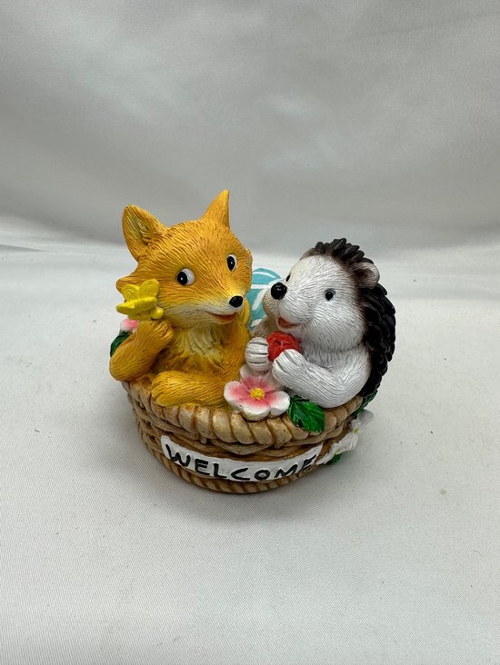 Statue décorative "animaux dans panier + bienvenue" - Renard+Hérisson - multicolore - hauteur 8 cm x 9 x 7 cm - polyrésine - Accessoires de maison - Statues décoratives - Accessoires jardin