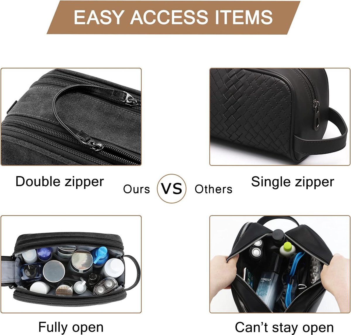 Elviros Travel Toilettas voor dames en heren, lichte make-uptas, hangende dopp-kit met scheervak, cosmetische organizer, kleine reistas, zwart, Zwart, Toilettas
