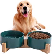 Voerbak kat met massieve houten standaard, keramische hondenbak, voederbak, voederbak, voederbak, keramische kom voor honden en katten, hoog voederstation (2 stuks) (groen, S)