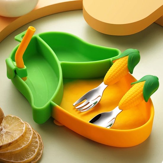 Kinderservies Mais Set van 4 voor Kinderen - Bord/Lepel/Vork/Slabbetje - BPAVRIJ Anti slip Ftalaatvrij - Baby servies - Kinderservies - Kinderbord - Magnetron - Vaatwasser van Kinder — afbeelding 3