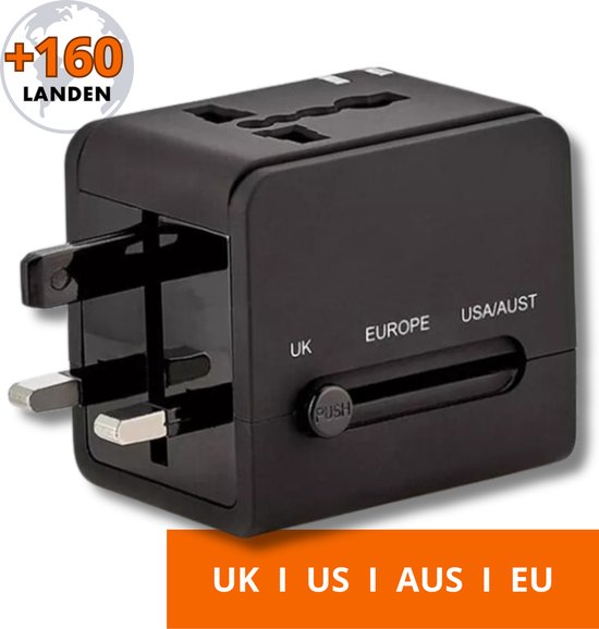 Zwarte wereldstekker met uitschuifbare stekkers voor UK, Europa, USA en Australië. Geschikt voor +160 landen.