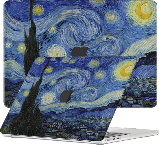 MacBook Air 15 inch hoes met Van Gogh's Sterrennacht print, deels geopend.