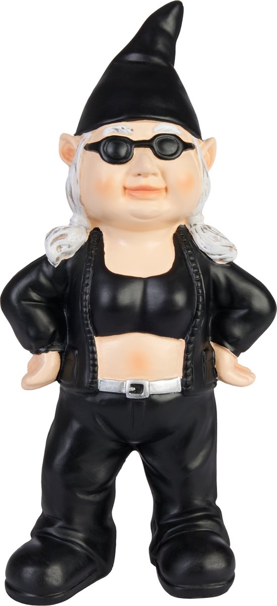 BRUBAKER Coole Tuinkabouter Biker Vrouw Zwart - Rocker Kabouter Vrouw met Zonnebril en Skuljasje - Grappig Tuinbeeldje - Weerbestendige Decoratie voor Tuin Camping en Buiten - 23 cm hoog