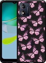Cazy Hoesje Zwart geschikt voor Motorola Moto E13 4G Roze Vlinders