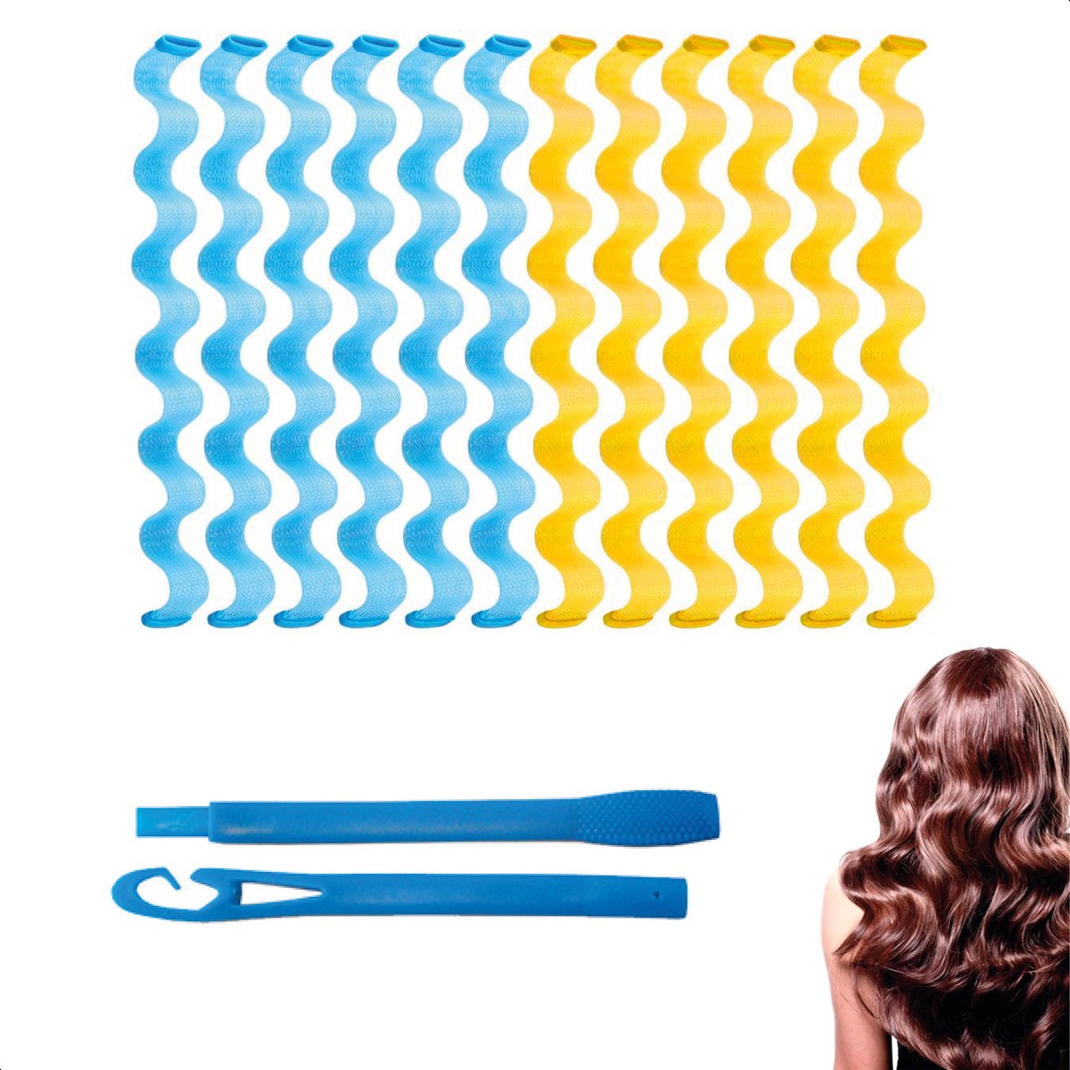 LBB - Heatless waves - 12 stuks - 30cm - Blauw & geel - Hair Curler - Haar rollers - Krullen Zonder Hitte - Krulspelden- Heatless curls