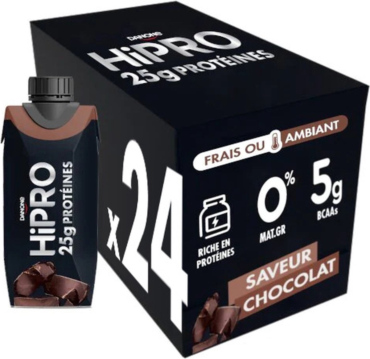 Danone HiPro - Proteïne drank - Chocolade - Sportdrank 0% mg - Niet gekoelde brikje met chocoladesmaak 25g proteïne - 24 x 330 ml