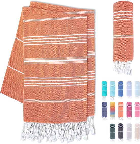 Premium hamamdoeken met handgeknoopte franjes, 100% katoen, XXL strandhanddoek, 95 x 180 cm, Oeko-TEX 100, grote strandhanddoek, saunahanddoek en reishanddoek, koraal