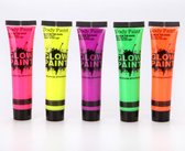 5x 10ml Glow in the dark Body Paint - Neon party - Gezichts- en lichaamsverf - UV Glow - Roze/Geel/Paars/Groen/Oranje