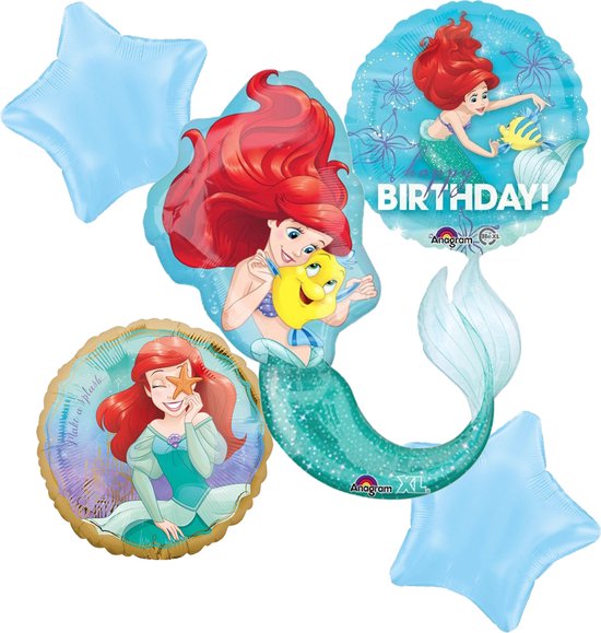 Disney Princess – Ariël de kleine zeemeermin - Ballon set Happy Birthday – 5-Delig – Helium ballon – Folieballon - Verjaardag