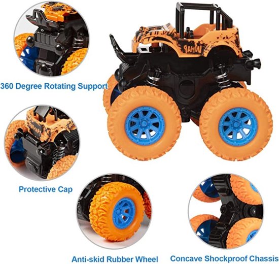 4x Big Wheel Stunt Car Violet, Vert, Rouge et Oranje - Monster Truck - Monster Truck - Stunt Cars - Off Road - speelgoed d'extérieur - Jouets car - Car Jouets Garçons - Tough - Racing - Jumping Car - Race Car - 360º Flip