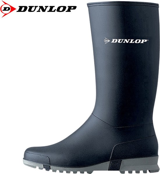 Donkerblauwe Dunlop regenlaars met Dunlop logo en grijze profielzool.