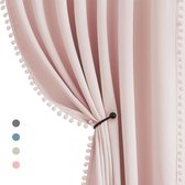Rideau à pompons, rideau rose à oeillets, style maison de campagne, rideau thermique à isolation thermique, rideaux occultants pour chambre de fille, salon, chambre, 2 pièces (rose, 140 x 225 cm)