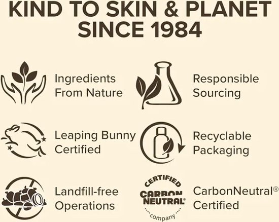 Logo's voor vriendelijk voor huid en planeet sinds 1984: ingrediënten uit de natuur, verantwoorde inkoop, Leaping Bunny gecertificeerd, recyclebare verpakking, landvrij, CarbonNeutral gecertificeerd.