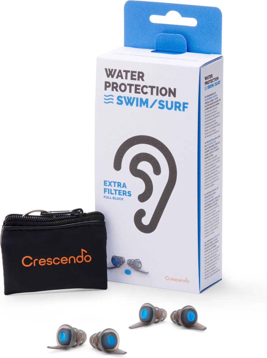 Crescendo Swim Oordoppen - Oordopjes om te zwemmen - 2 maten - 2 verschillende sets filters – Verschillende demping - Zacht en comfortabel - Met opbergetui -Medische kwaliteit oordoppen - 3 lamellen voor betere pasvorm