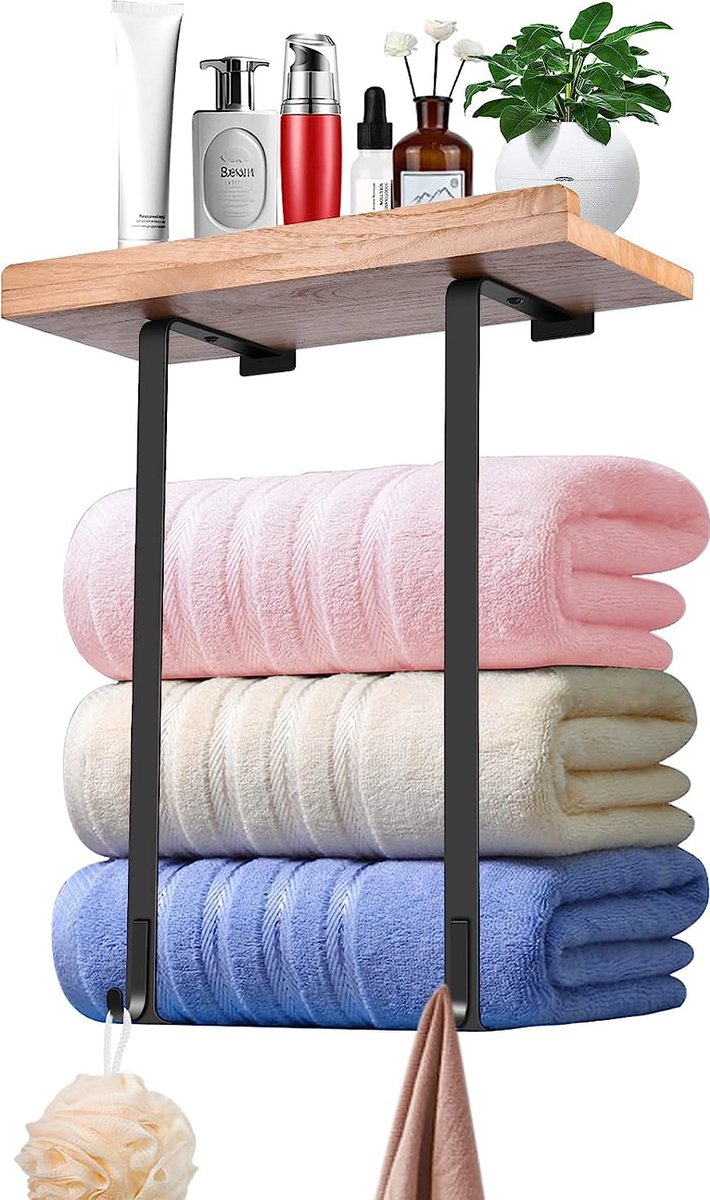Handdoekrek wandmontage voor badkamer, wand gastendoekhouder wand voor badkamer met houten plank en 2 haken, handdoekhouder voor opgerolde badhanddoeken